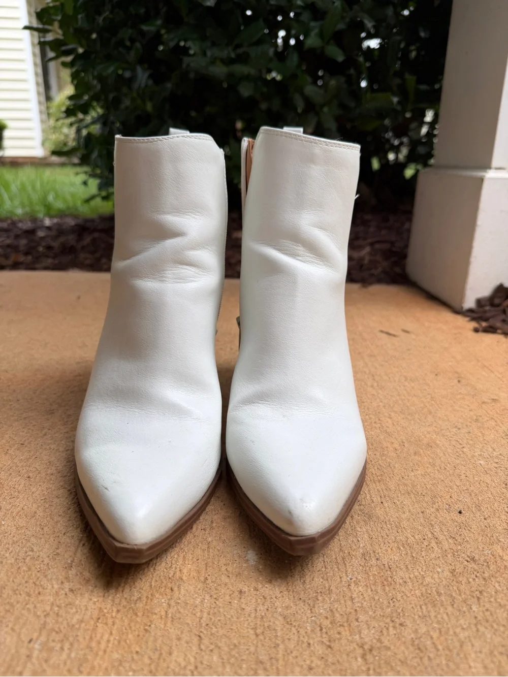Indigo White Leather Ankle Booties with Stacked Brown Block Heel